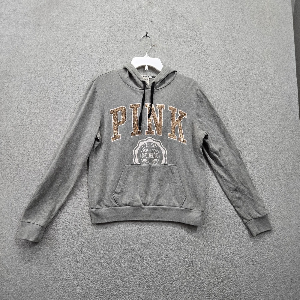 PINK Victoria's Secret Women Hoodie S Gray Sequins Bling Logo Graphic Fleece